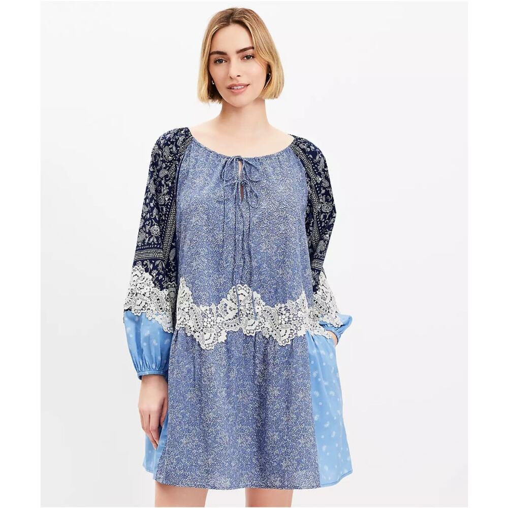 LOFT Blue Patchwork Lace-Trim Midi Dress